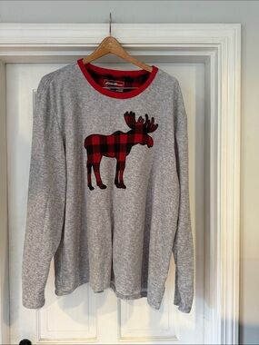 Eddie Bauer Gray Crewneck Sweater with Red Buffalo Plaid Moose